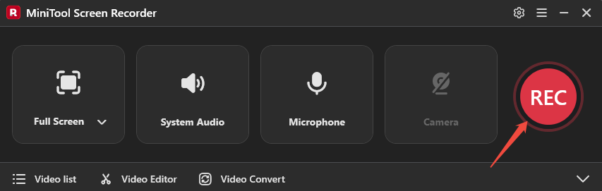 MiniTool Screen Recorder interface with a red arrow pointed to the REC button.