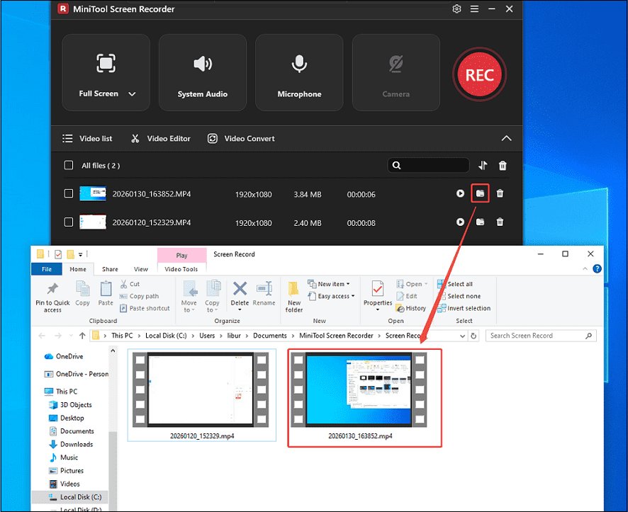 MiniTool Screen Recorder interface showing how to find the latest recorded video.