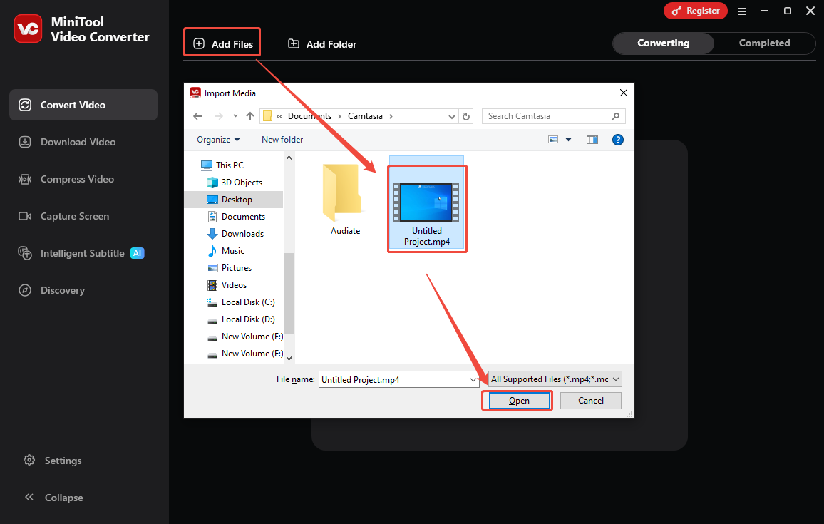 MiniTool Video Converter interface showing how to add the recorded MP4 video for conversion.