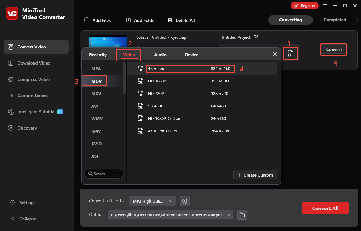 MiniTool Video Converter interface showing how to convert the recorded MP4 video to MOV format.