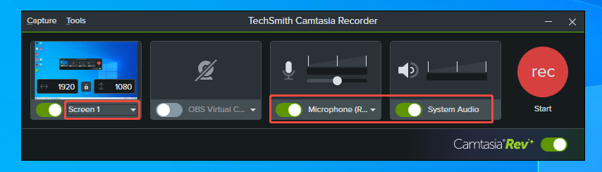 Camtasia Recorder interface showing how to select the recording area and turn on/off the microphone and system audio.