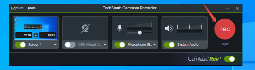 Camtasia Recorder interface with a red arrow pointed to the rec option.