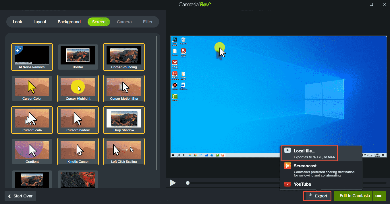 CamtasiaRev interface with the Local File options selected within the Export menu.