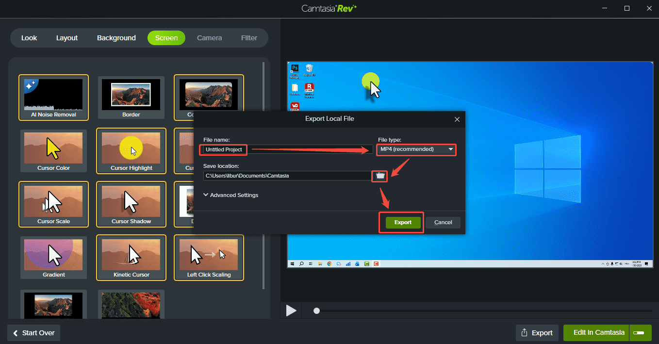 CamtasiaRev interface showing how to rename the recorded video and set the save position and export it to MP4.