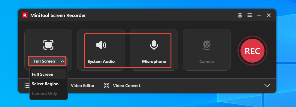MiniTool Screen Recorder interface showing how to customize the recording area and system and microphone audio.