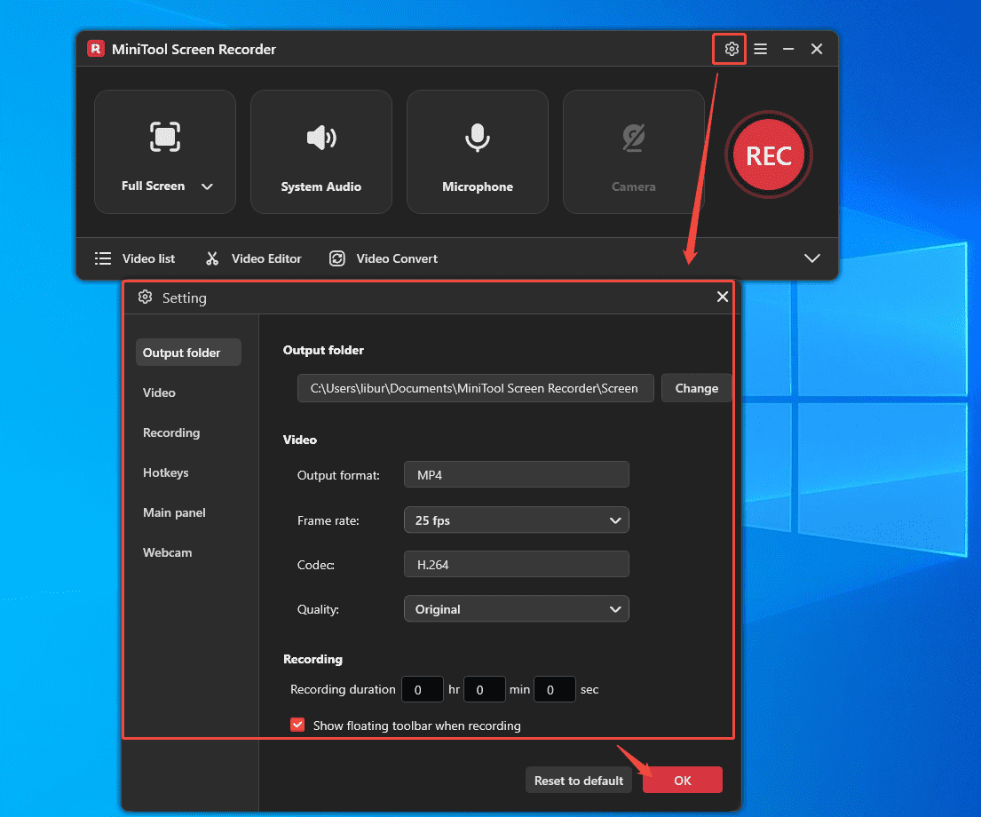 MiniTool Screen Recorder interface showing how to open and adjust recording settings.