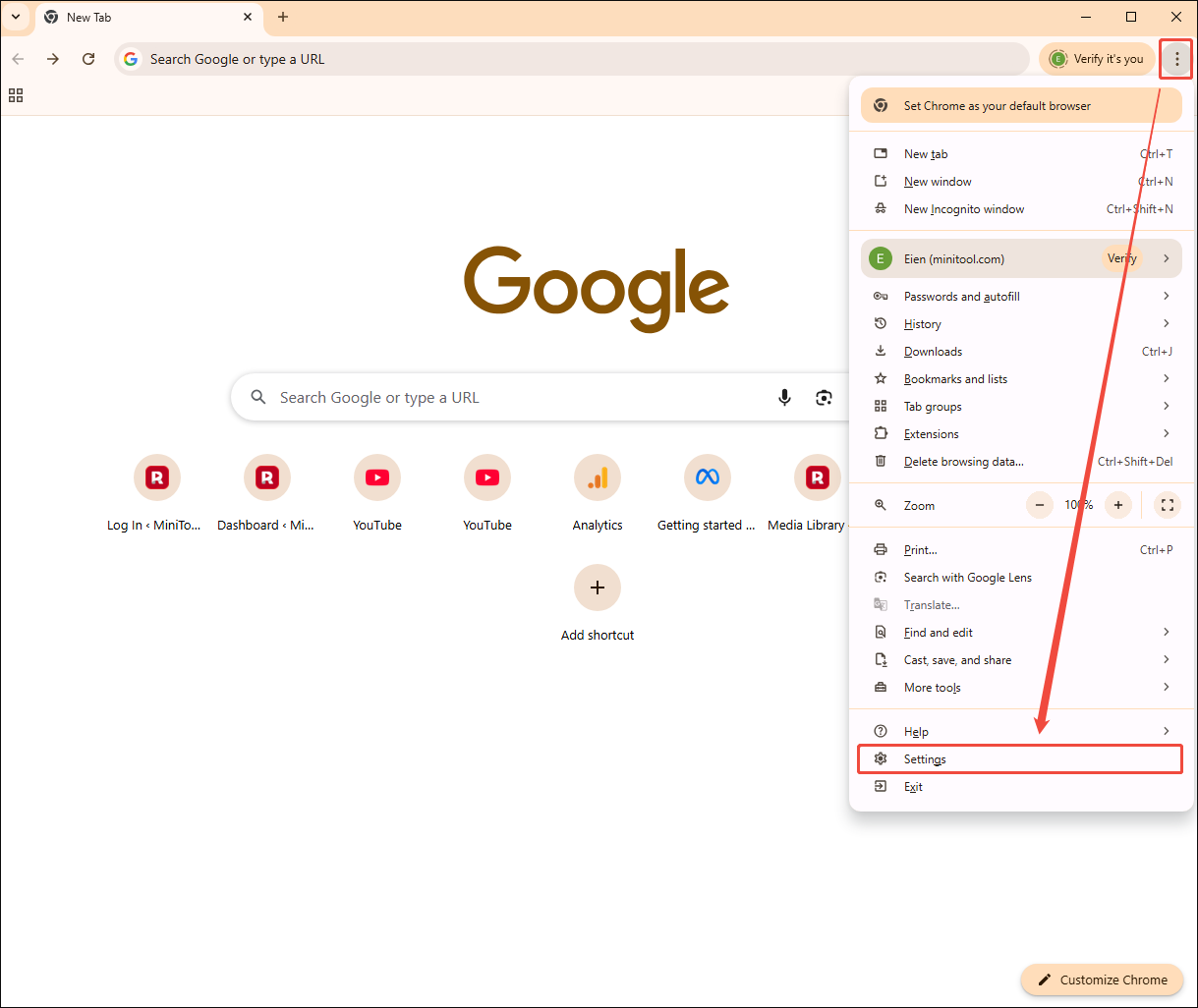Google Chrome interface with the More and Settings icons selected.