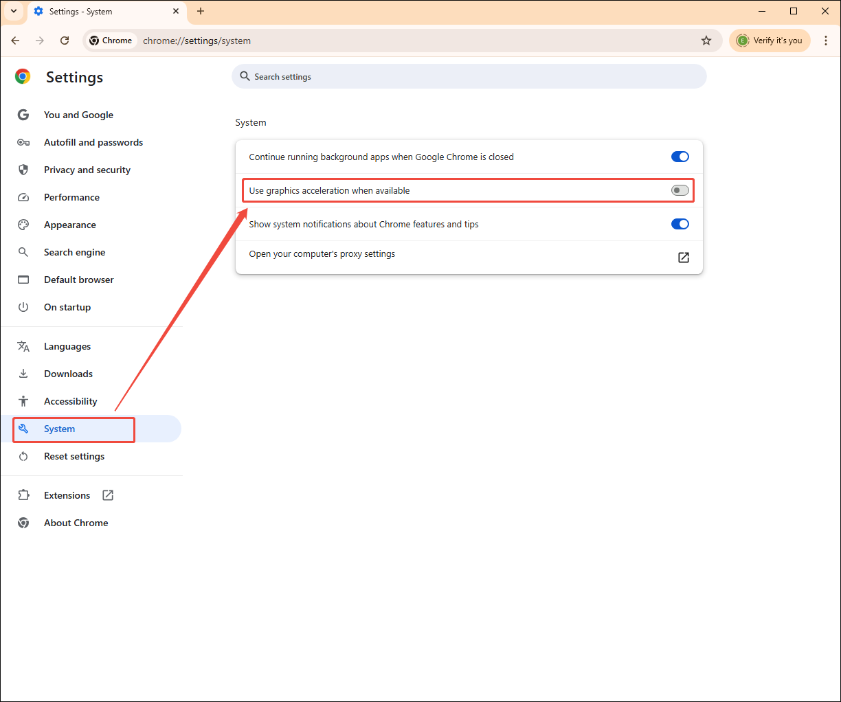 Google Chrome Settings interface with the Use graphics acceleration when available option turned off.