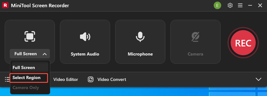 MiniTool Screen Recorder interface with the Select region option selected to customize the recording area.