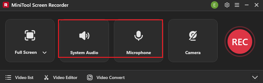 MiniTool Screen Recorder interface with the System Audio icon and the Microphone icon selected.