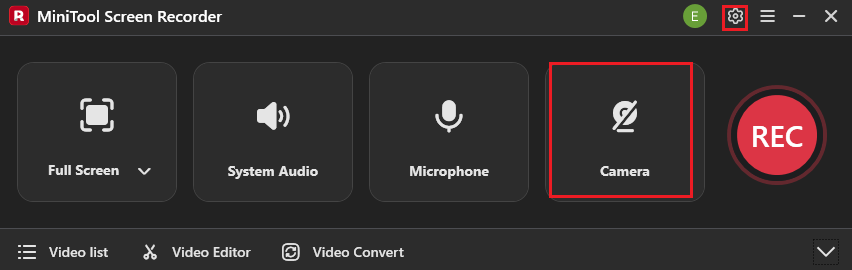 MiniTool Screen Recorder interface with the Camera and Settings icons selected.