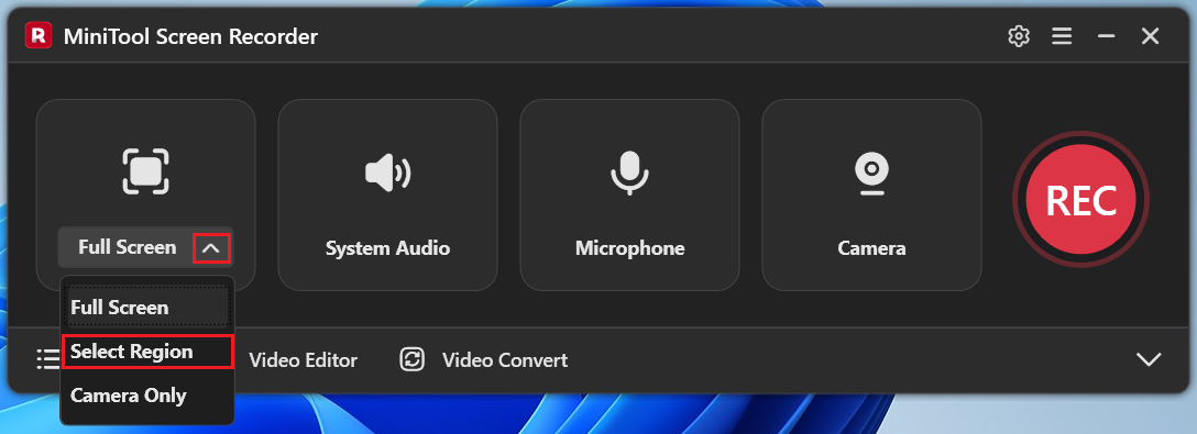 MiniTool Screen Recorder interface with the Select Region option selected from the dropdown Full Screen menu.
