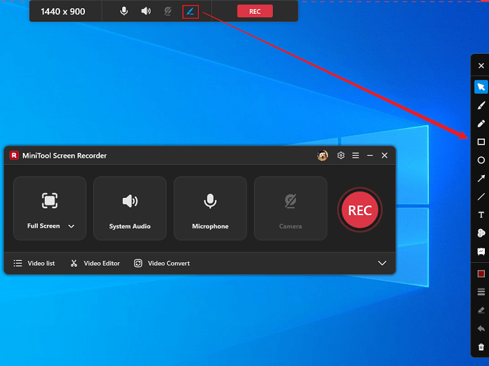 MiniTool Screen Recorder interface showing how to activate the screen annotation toolbar.