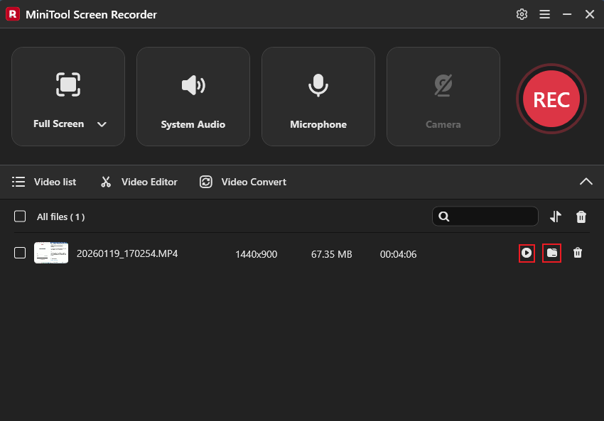 MiniTool Screen Recorder interface with the Play icon and Folder icon selected in Video list.