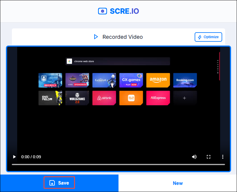 Screen Recorder interface with the selected Save option.