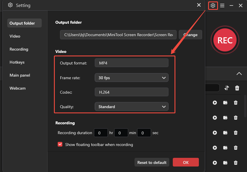 MiniTool Screen Recorder settings window with example settings for recording Opera GX activities.