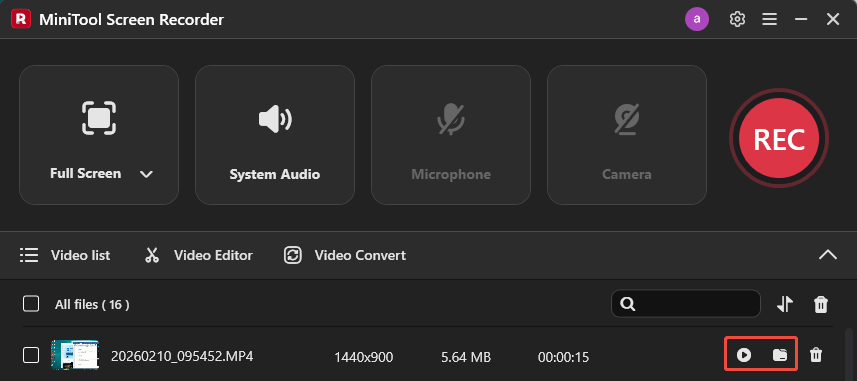 MiniTool Screen Recorder interface with the selected Play and Folder icons.