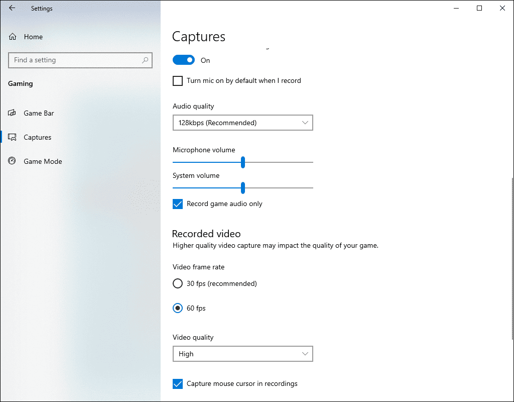 Windows Gaming window with example settings for recording games on Opera GX.
