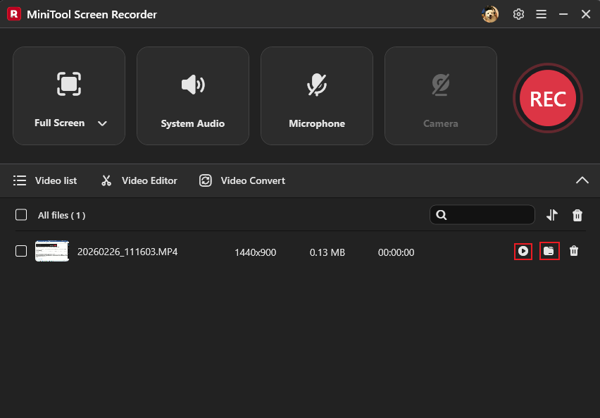 MiniTool Screen Recorder interface with the Play icon and Folder icon selected in Video list.