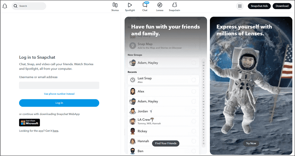 Snapchat for Web interface.