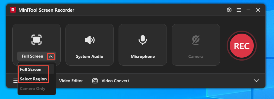MiniTool Screen Recorder interface showing how to select the recording area.