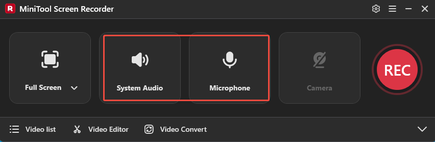 MiniTool Screen Recorder interface with System Audio and Microphone icons selected.