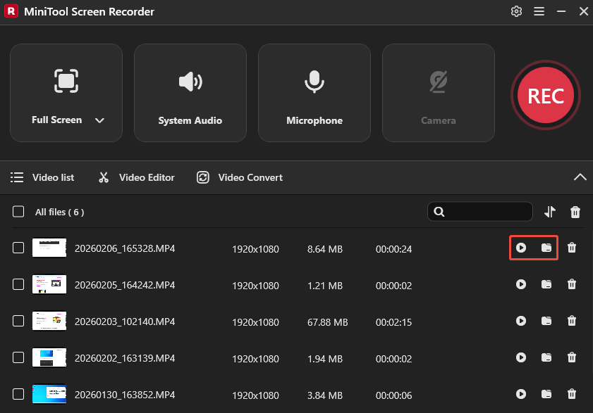 MiniTool Screen Recorder interface with the Play icon and Folder icon selected under Video list.