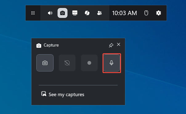 Xbox Game Bar interface with the microphone icon selected.