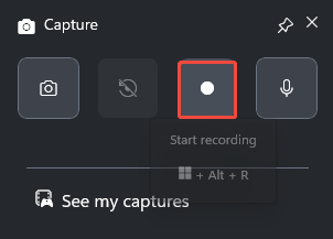 Capture interface of Xbox Game Bar with the Starting recording option selected.