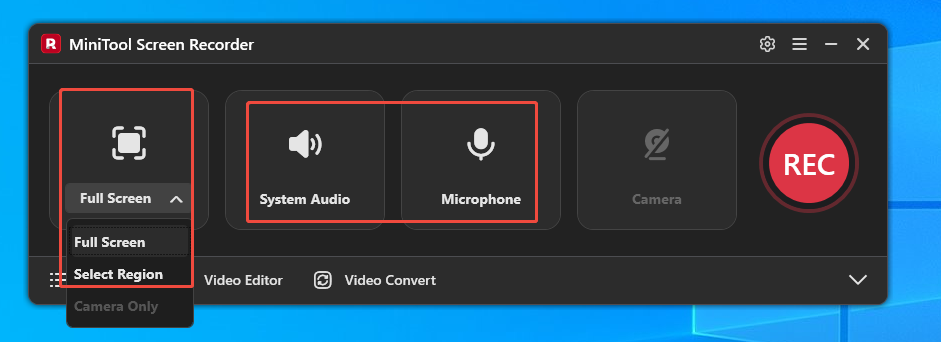 MiniTool Screen Recorder interface showing how to set the recording area and audio.