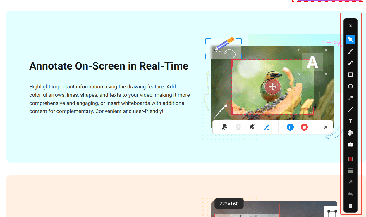 MiniTool Screen Recorder interface with the annotation toolbar selected.
