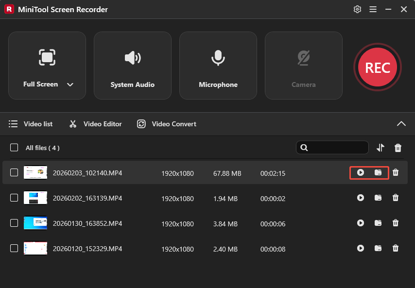 MiniTool Screen Recorder interface with the play icon and the file icon selected under the Video list.
