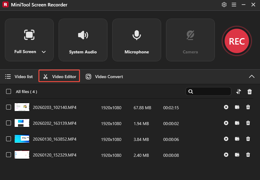 MiniTool Screen Recorder interface with the Video Editor option selected.