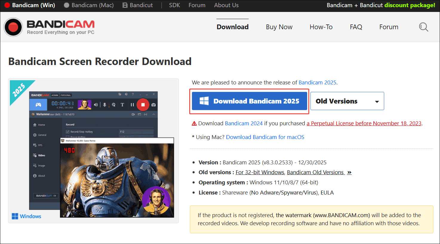 The Bandicam download page with the Download option selected.