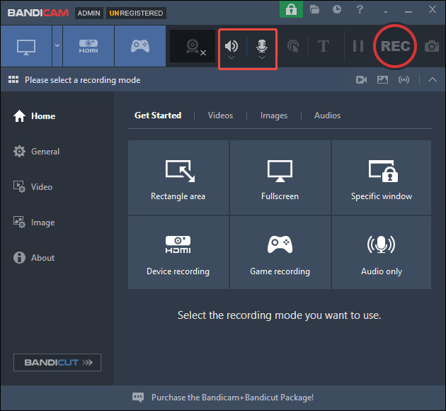 Bandicam interface with the Loudspeaker and Microphone icons selected.