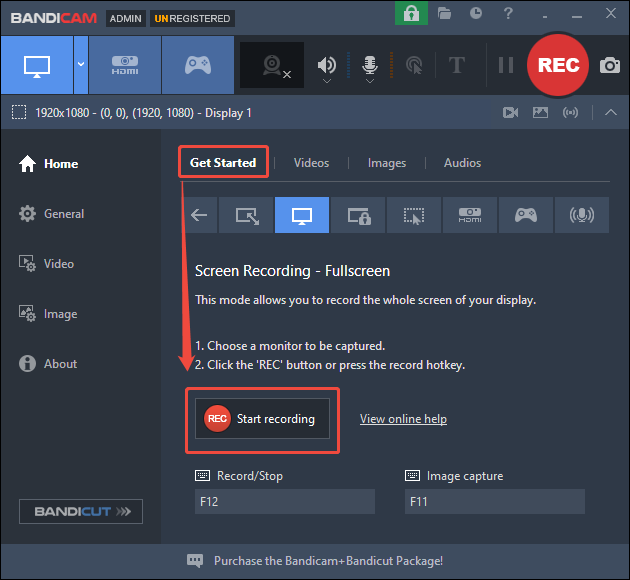 Bandicam interface with the Start recording option selected to begin the recording process.