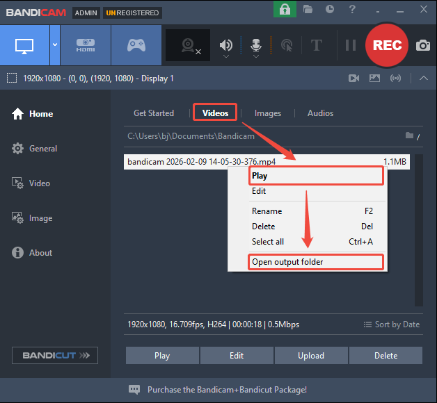 Bandicam interface with the Play and Open output folder option selected to view or locate the recorded file.