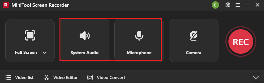 MiniTool Screen Recorder interface with the System Audio and Microphone icons selected to control audio recording.