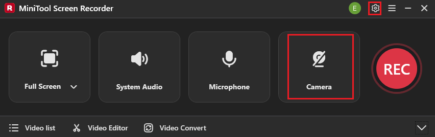 MiniTool Screen Recorder interface with the Camera and Settings icon selected.