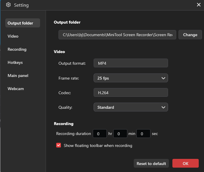 The Settings window of MiniTool Screen Recorder.