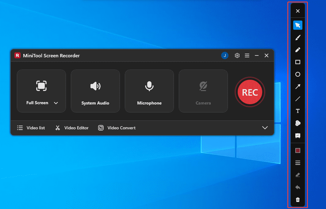 MiniTool Screen Recorder interface with the annotation tool bar selected.