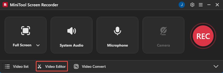 MiniTool Screen Recorder interface with the Video Editor option selected.