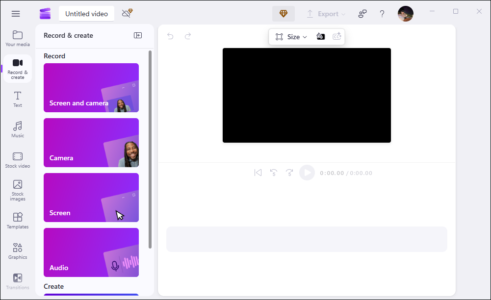 The recording interface of Clipchamp.