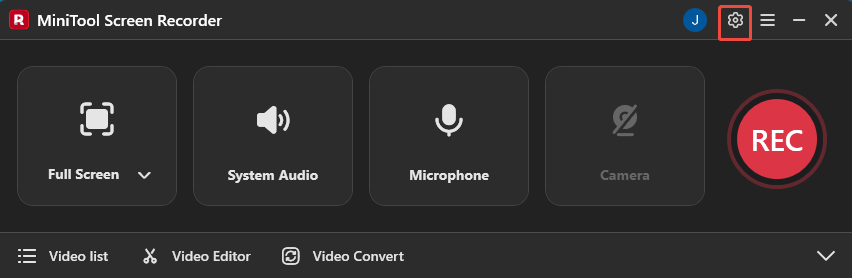 MiniTool Screen Recorder interface with the Settings icon selected.