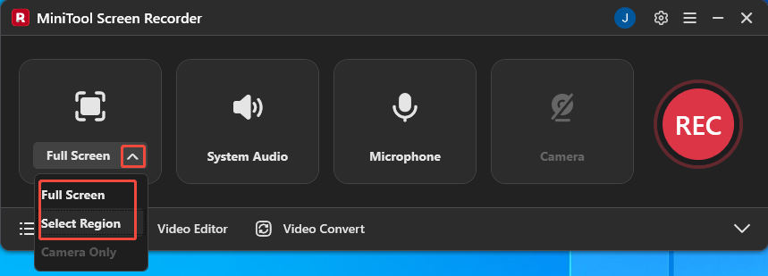 MiniTool Screen Recorder interface with the recording area selection option expanded.