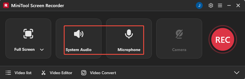 MiniTool Screen Recorder interface with the System Audio icon and the Microphone icon selected.