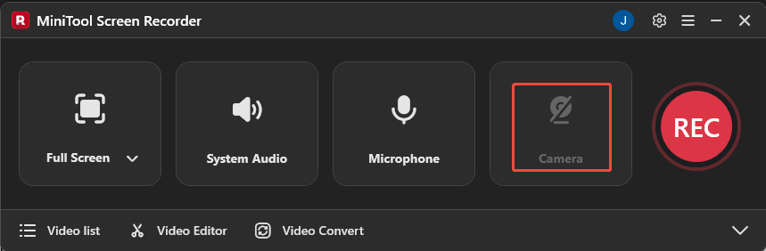MiniTool Screen Recorder interface with the Camera icon selected.