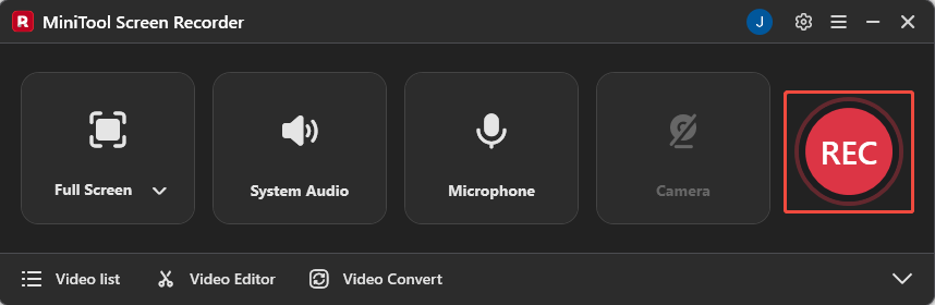 MiniTool Screen Recorder interface with the REC button selected.
