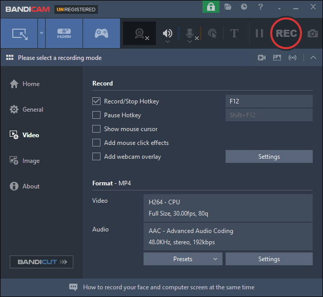 The main interface of Bandicam.