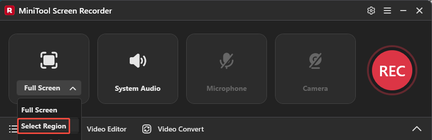 MiniTool Screen Recorder interface highlighting the Select Region option from the Full Screen option.